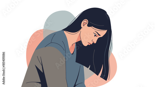 Thoughtful young woman looking down in modern abstract design