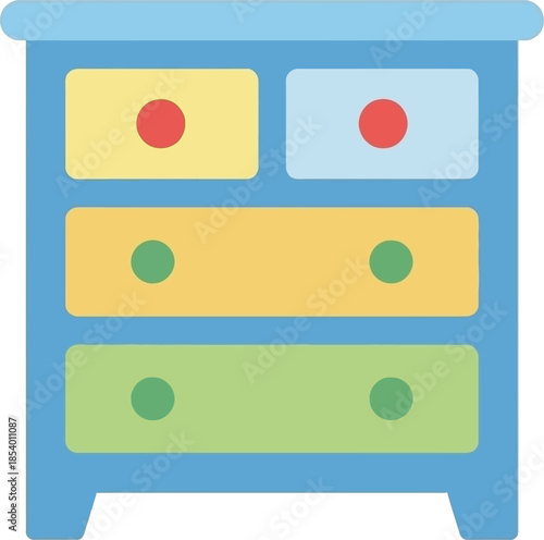 A flat design icon showing a blue chest of drawers with colorful yellow and green drawers