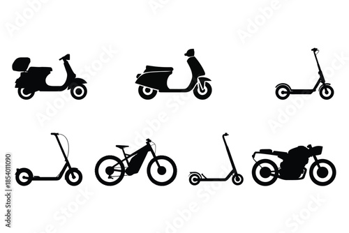 Silhouettes of various electric vehicles scooters bikes and motorcycles