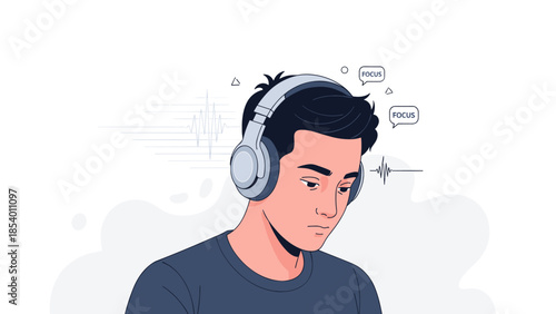 Young man listening to music with headphones in focused mindset