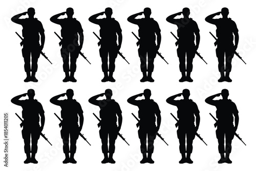 Silhouettes of soldiers in uniform saluting with rifles standing at attention