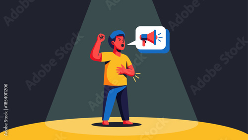 Colorful person speaking into megaphone under spotlight