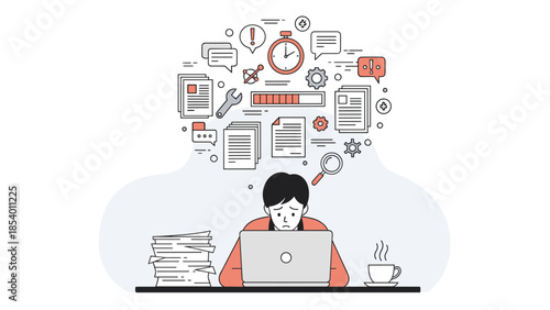 Overworked employee at laptop surrounded by office icons and tasks in flat design