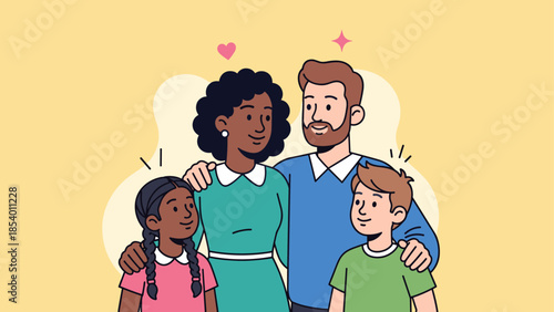 Happy family embracing with love on a pastel background in cartoon style