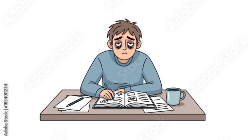 Exhausted student studying at desk with books and coffee in cartoon style