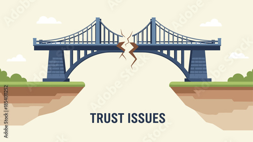 Cracked bridge between cliffs symbolizing trust issues in modern society