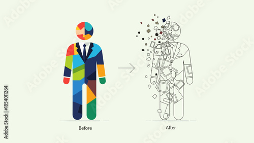 Transformation from vibrant color to fragmented outline in professional attire