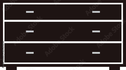 A simple graphic illustration of a dark brown three-drawer dresser with white handles