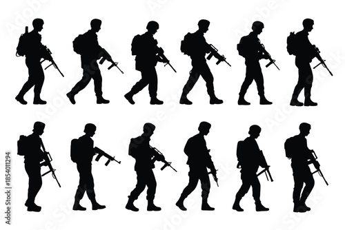 Silhouette series depicting armed soldiers in walking poses a military illustration
