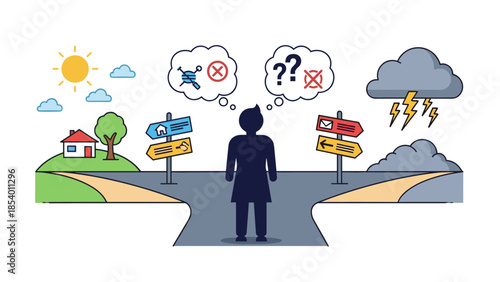 Person at crossroad pondering choices amid varied weather and symbols