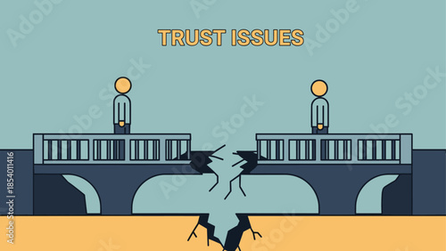 Trust issues concept with cracked bridge and people facing each other in simple flat design