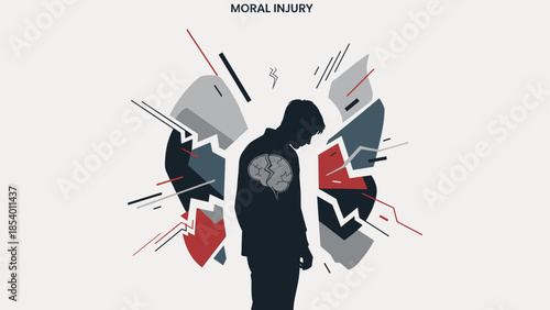 Silhouette of a person with mental stress elements on light background