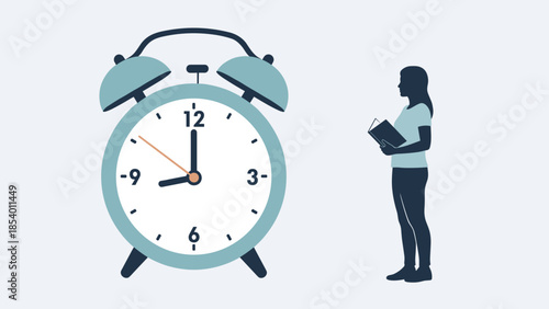 Silhouette of person holding book beside large blue alarm clock on white background