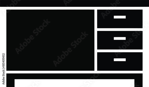 Minimalist black office cabinet or table with multiple drawers on a white background