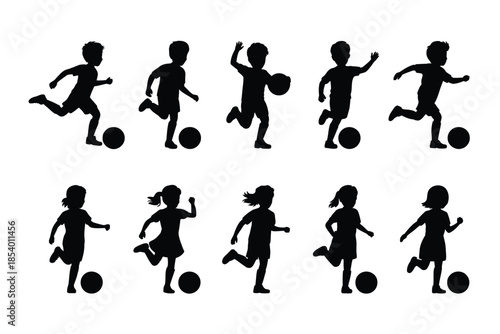 Silhouettes of children playing and running with balls in a playful scene
