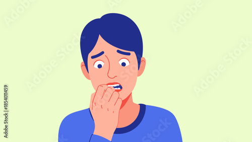 Nervous young man biting nails in anxiety on light background