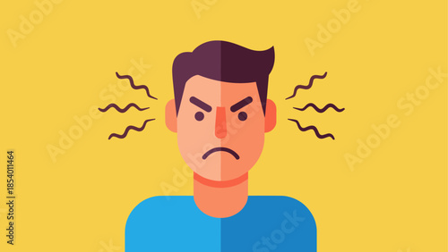 Flat design angry face with wrinkle lines on yellow background