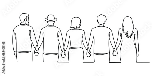 Five diverse people holding hands in a continuous line art drawing, symbolizing unity and support