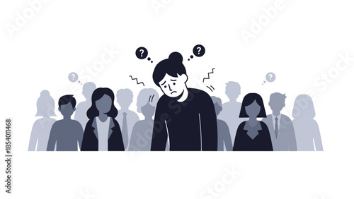 Monochrome anxiety concept with confused figure in crowd
