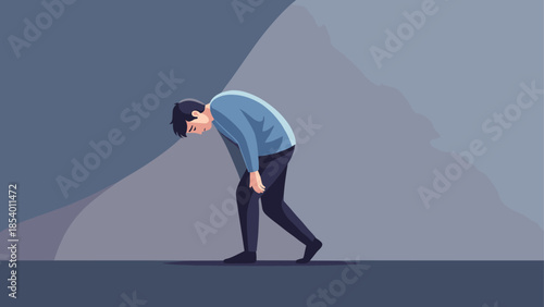 Tired man walking: business fatigue concept in flat design