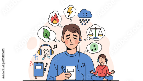 Mindfulness for stress relief concept with emotions and meditation elements