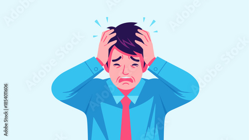 Stressed man holding head in frustration with facial expression