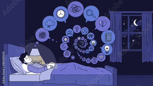 Dreams and thoughts: man sleeping with spiraling mind symbols in flat night scene