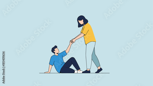 Person helping another stand up on pale blue background in minimalist style
