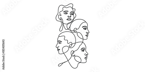 Continuous line art illustration of diverse human faces stacked vertically, symbolizing connection
