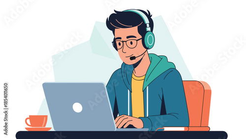 Young professional man working remotely with headset and laptop