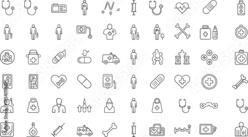 Medical and healthcare line icon set featuring doctors, patients, hospital symbols, medicine, treatment, emergency care, diagnostics and health service icons