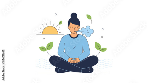 Calm meditation and breathing exercise in nature with sunset and plants