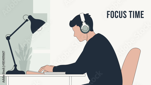 Minimalistic workspace with person wearing headphones and desktop lamp
