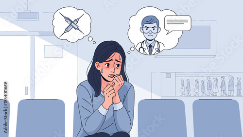 Anxious woman awaiting vaccine results in a clinic waiting room cartoon