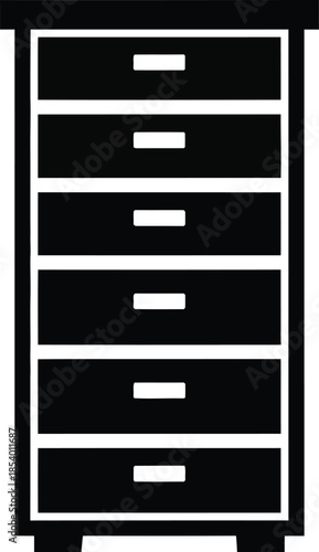 A minimalist black silhouette icon representing a tall chest of seven drawers