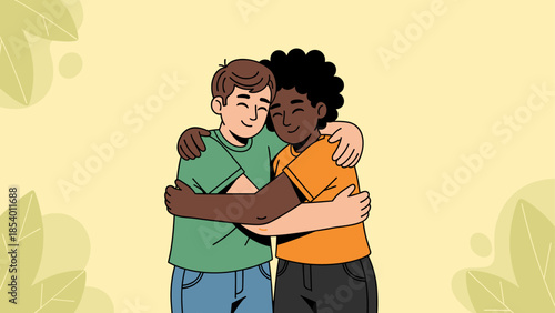 Heartwarming embrace between friends on a cheerful background