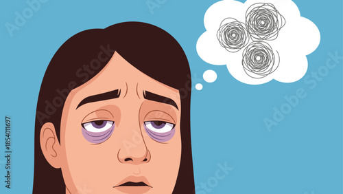 Tired woman with puffy eyes and thought bubble on blue background