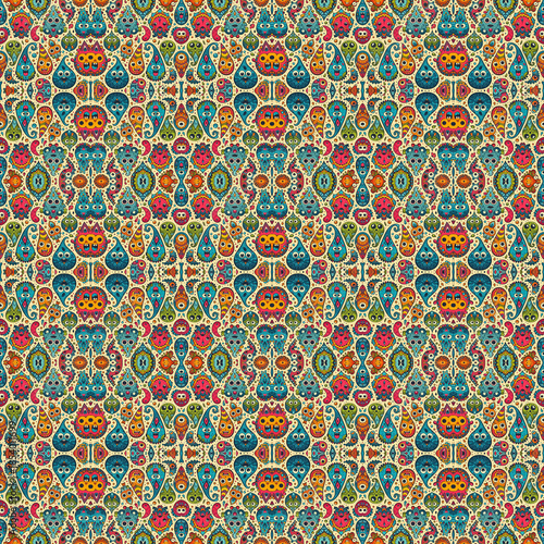 Seamless Ornamental Paisley Pattern with Floral Motifs – Vintage Boho Multicolor Ethnic Textile Background