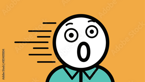 Surprised emoji face with comical expression in flat design on orange background