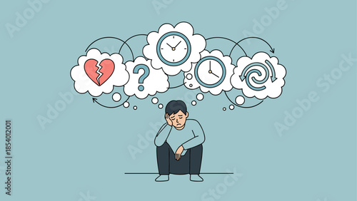 Person in thought with emotional and time icons in clouds