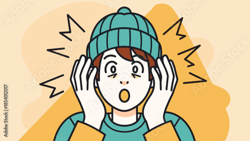 Surprised person in beanie pop art style with vibrant colors and dynamic lines