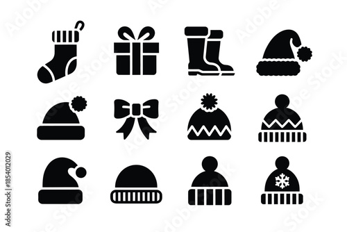 Collection of winter holiday icons stockings gifts hats and more