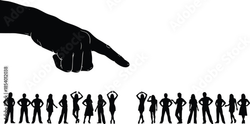 Silhouette hand pointing down, authority concept, group of people, selection, discrimination, leadership, power dynamics, social control, vector illustration, black and white