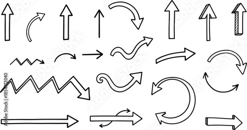 Minimal arrow line icon set featuring directional arrows, curved arrows, navigation symbols, flow indicators, movement signs and user interface elements