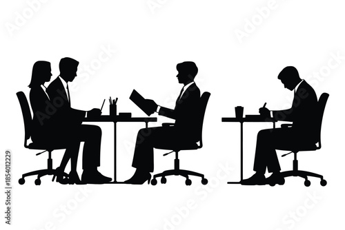 Business meeting silhouette with people seated around tables in discussion