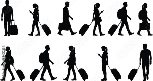 Travelers Silhouette Walking with Luggage and Suitcases, People Commuting with Backpacks and Smartphones, Airport Transit, Global Tourism, Vacation and Business Trip Vector Illustration
