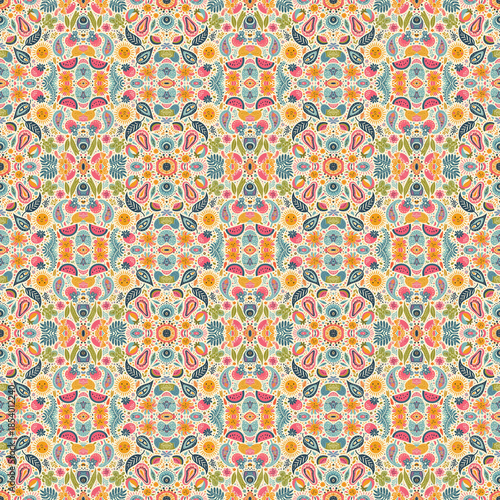 Seamless Ornamental Paisley Pattern with Floral Motifs – Vintage Boho Multicolor Ethnic Textile Background