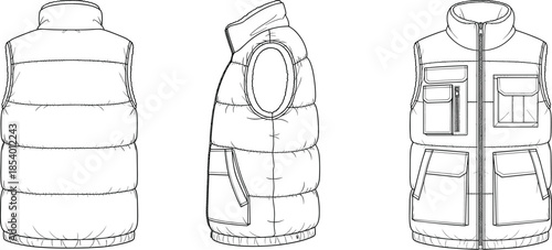 Technical CAD Drawing of Padded Puffer Vest or Gilet with Stand Collar, Zipper Closure, and Multi-Pocket Design, Flat Vector Apparel Illustration.