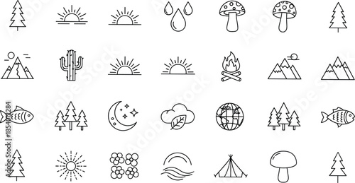 Nature and outdoor line icon set featuring camping, forest, mountains, weather, wildlife, landscape elements and adventure travel symbols