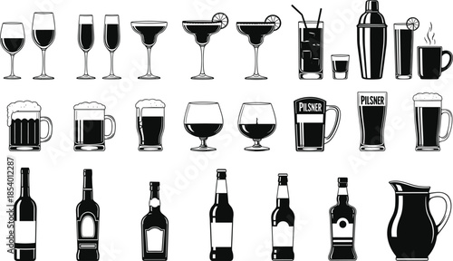 Vector Black Silhouette Icons of Diverse Alcoholic Beverages, Including Wine, Beer, Cocktails, and Decanters, for Bar Menu Design Elements.